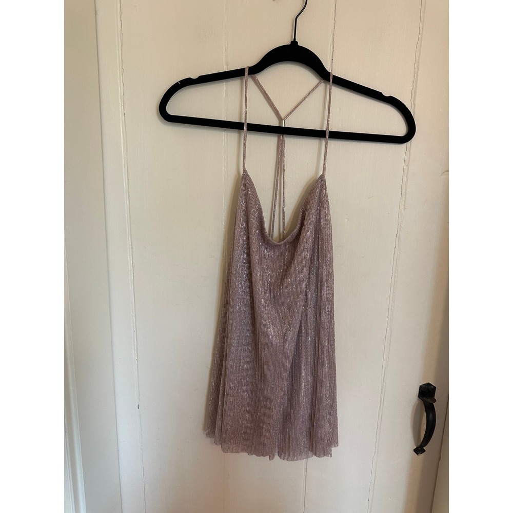 y2k Express Metallic Pleated Cami Top Mauve Pink Shimmer T-Back Cowl Neck XL NEW